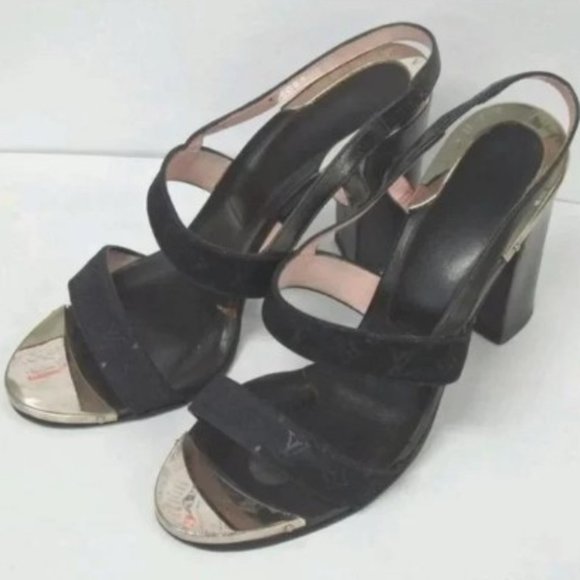 L Vuitton black chrome silver open toe logo pumps - Picture 2 of 7